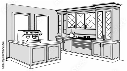 Modern kitchen interior with espresso machine and cabinets isolated on white background