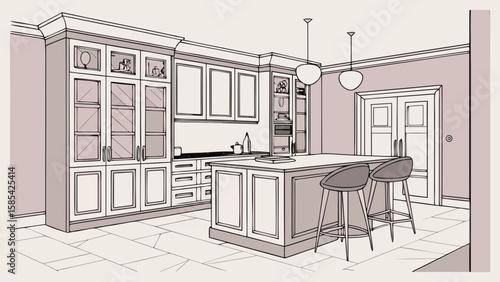 Modern kitchen interior design sketch with island and cabinets isolated on white background