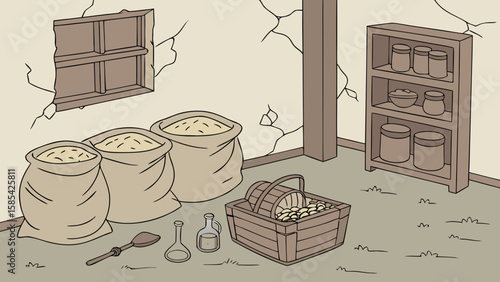 Rustic storage room with sacks of grain and a treasure chest isolated on white background