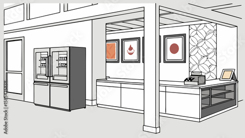 Modern store interior with refrigerator display case and checkout counter isolated on white background