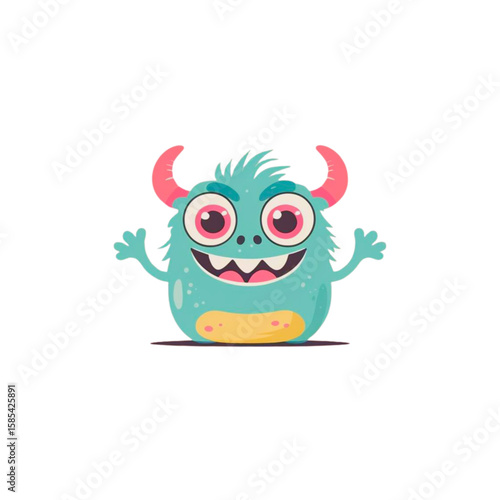 Friendly teal monster with pink horns and big eyes smiling widely