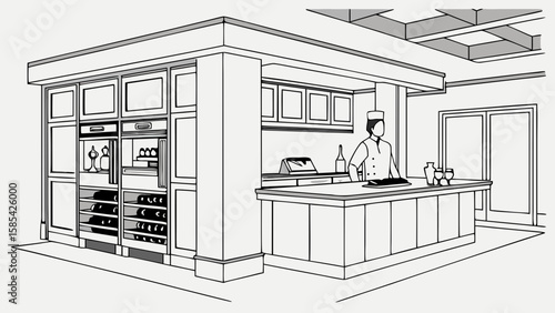 Chef standing behind modern kitchen counter with wine cellar and appliances isolated on white background