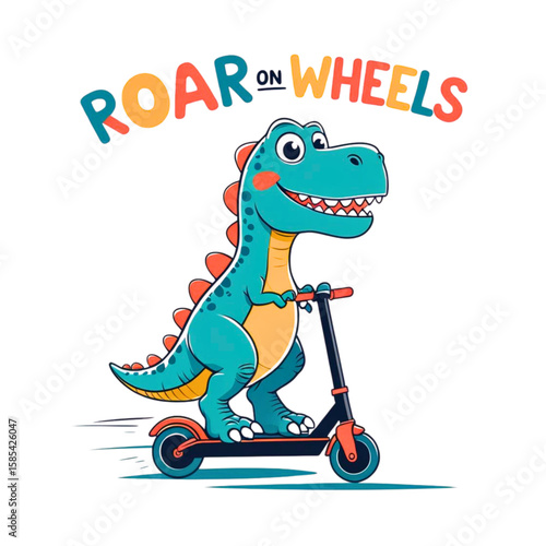 Cute cartoon dinosaur riding a scooter with the text roar on wheels
