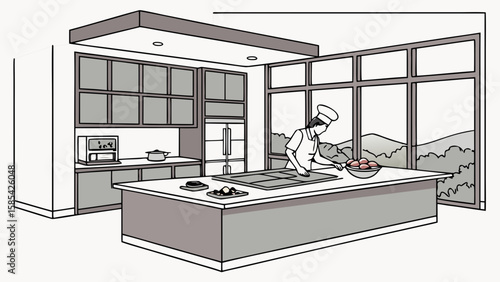 Chef preparing food in a modern kitchen with large windows and a scenic view isolated on white background
