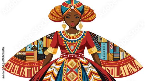 South Carolina Gullah dress features African-inspired headwraps, patterned skirts, and layered wraps, rich in cultural identity, ideal for bold, meaningful vector design.