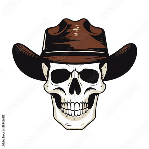 Stylized skull wearing a classic brown cowboy hat front view