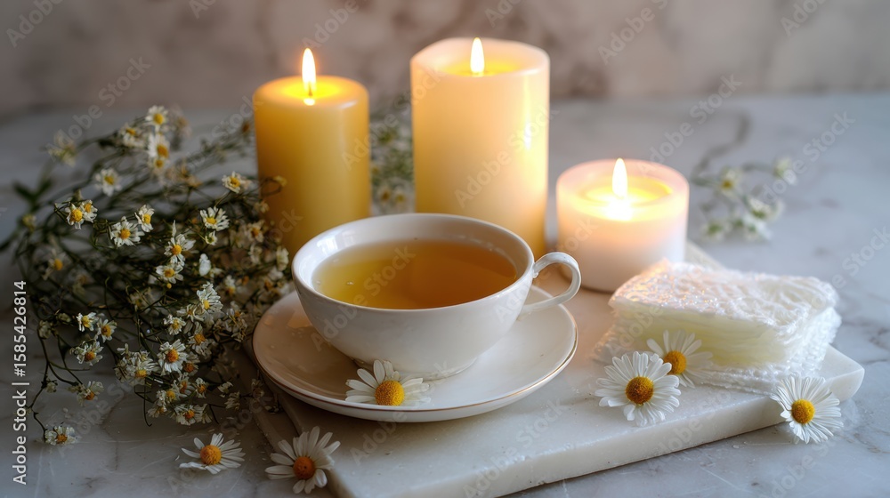 Fototapeta premium Cozy evening self care setup with chamomile tea, scented candles