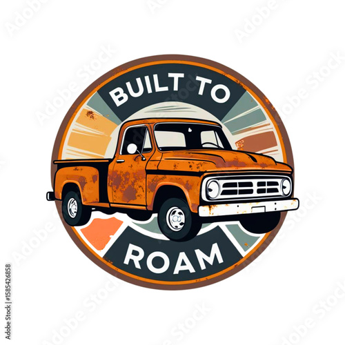 Vintage orange pickup truck with weathered finish and built to roam text