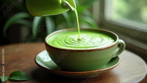 Matcha pour motion with swirling green tea foam and zen ambiance