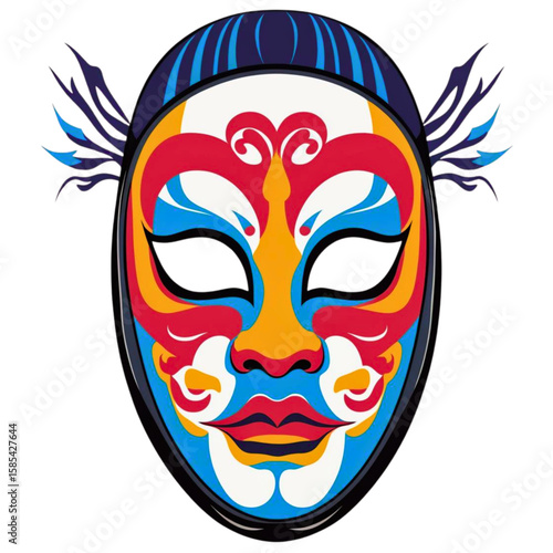 Vibrant abstract venetian mask with ornate design and feather accents