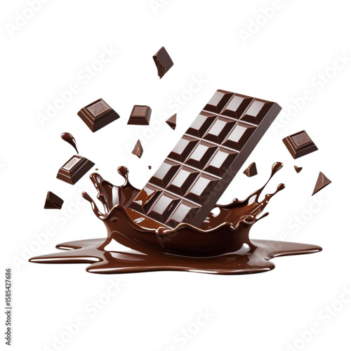 Delicious chocolate bar splashing into molten chocolate