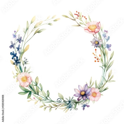 Wildflower wreath border pattern plant white background.