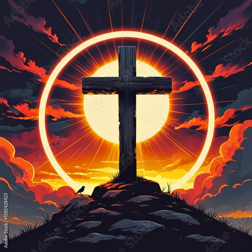 Wooden cross on a rocky hill against a glowing sun and dramatic sky