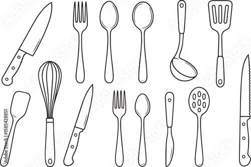 Kitchen utensils collection simple line drawings tools cooking