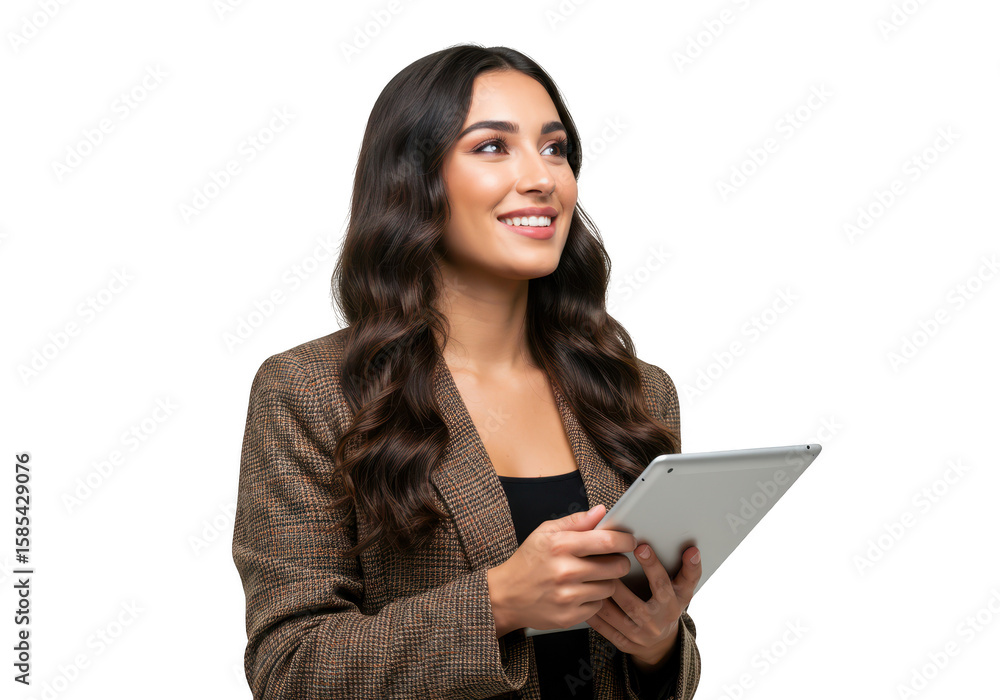 A thoughtful business woman looking away while holding a tablet computer isolated on transparent background A thoughtful business woman looking away while holding a tablet computer isolated on transparent background