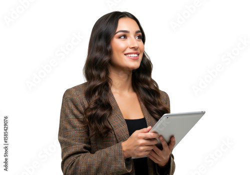A thoughtful business woman looking away while holding a tablet computer isolated on transparent background