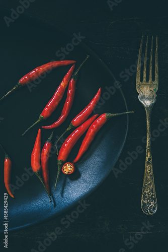 Tabasco chillies on an old metal tray background
