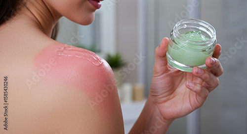 Aloe vera gel applied to red sunburned shoulder indoors