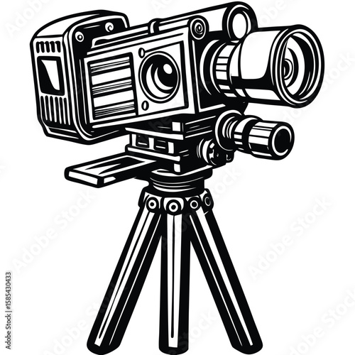 Minimalist Sketch of a Tripod-Mounted Video Camera on White Background