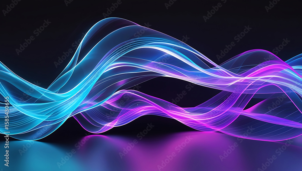 Naklejka premium Abstract background with glowing neon waves in blue and purple. Futuristic, dynamic light trails and flowing energy lines on a dark, reflective surface. 3D render illustration.