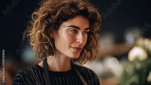 Wallpaper Mural A happy young woman in a coffee shop, wearing an apron and serving customers with a smile. Torontodigital.ca