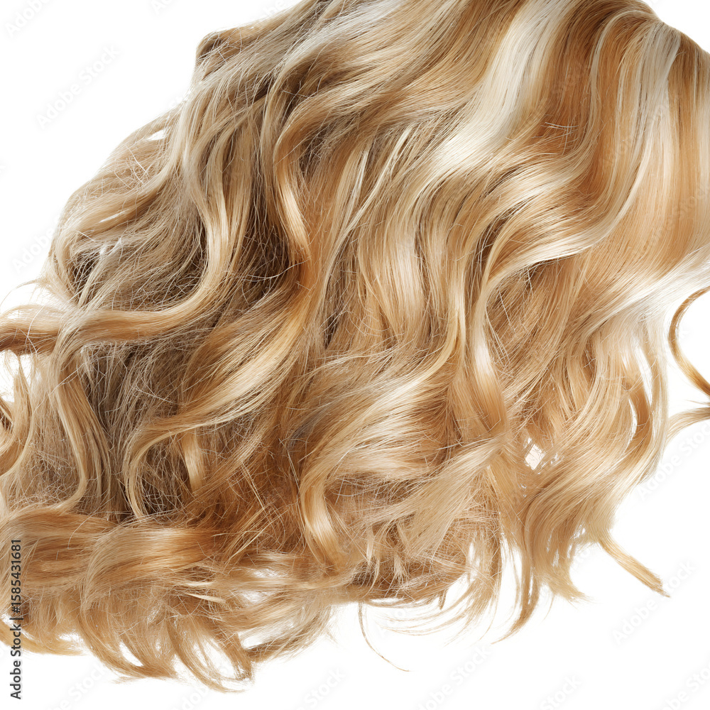 Naklejka premium Long, wavy blond hair with highlights is flowing freely, giving a sense of movement and dynamism, isolated on a transparent background, perfect for beauty and hair care projects 