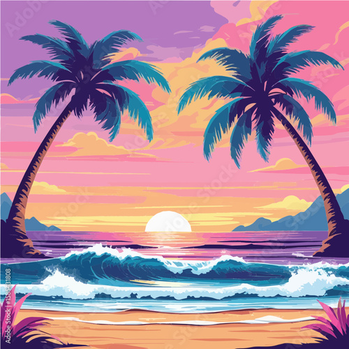Tropical Sunset Beach Vector Illustration with Palm Trees, Ocean Waves and Vibrant Sky