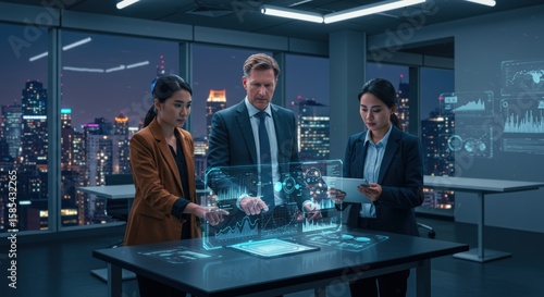 Global Business Team Analyzing Data with Futuristic Holographic Displays in Modern City Office