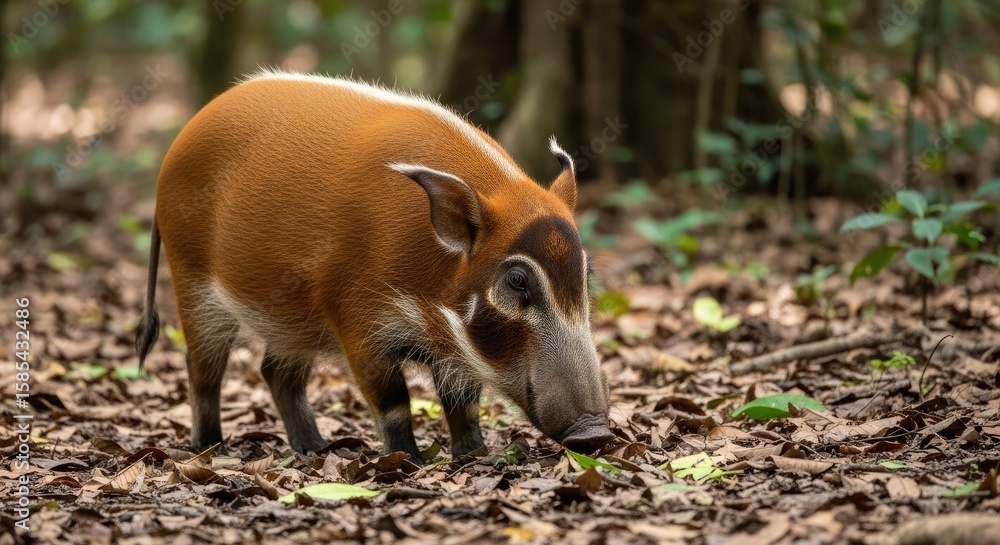 A Red River Hog Rooting Through Leaf Litter in a Sun-Dappled Rainforest A Red River Hog Rooting Through Leaf Litter in a Sun-Dappled Rainforest