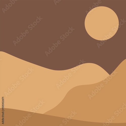 Summer abstract. Desert. Vector illustration of Desert dunes landscape with sun. Monochrome color art ideal for living room interior poster card wall decor. EPS 10 