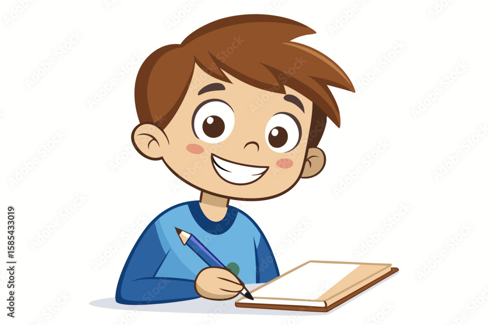 Colorful and cheerful illustration of a cartoon boy sitting at a wooden desk, writing in a notebook with a blue pen Colorful and cheerful illustration of a cartoon boy sitting at a wooden desk, writing in a notebook with a blue pen