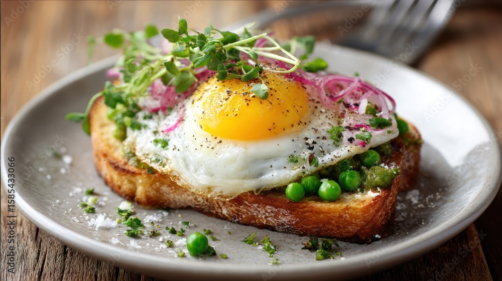 Gourmet brunch plate featuring fried egg and pea toast with red onion and Gourmet brunch plate featuring fried egg and pea toast with red onion and