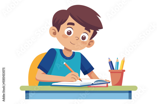 Colorful and cheerful illustration of a cartoon boy sitting at a wooden desk, writing in a notebook with a blue pen