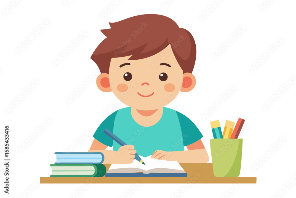 Colorful and cheerful illustration of a cartoon boy sitting at a wooden desk, writing in a notebook with a blue pen Colorful and cheerful illustration of a cartoon boy sitting at a wooden desk, writing in a notebook with a blue pen