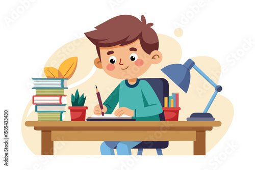 Colorful and cheerful illustration of a cartoon boy sitting at a wooden desk, writing in a notebook with a blue pen