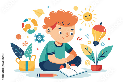 Colorful and cheerful illustration of a cartoon boy sitting at a wooden desk, writing in a notebook with a blue pen