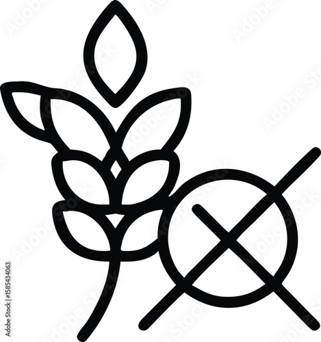 Black outline of wheat stalk with prohibited symbol for gluten free diet