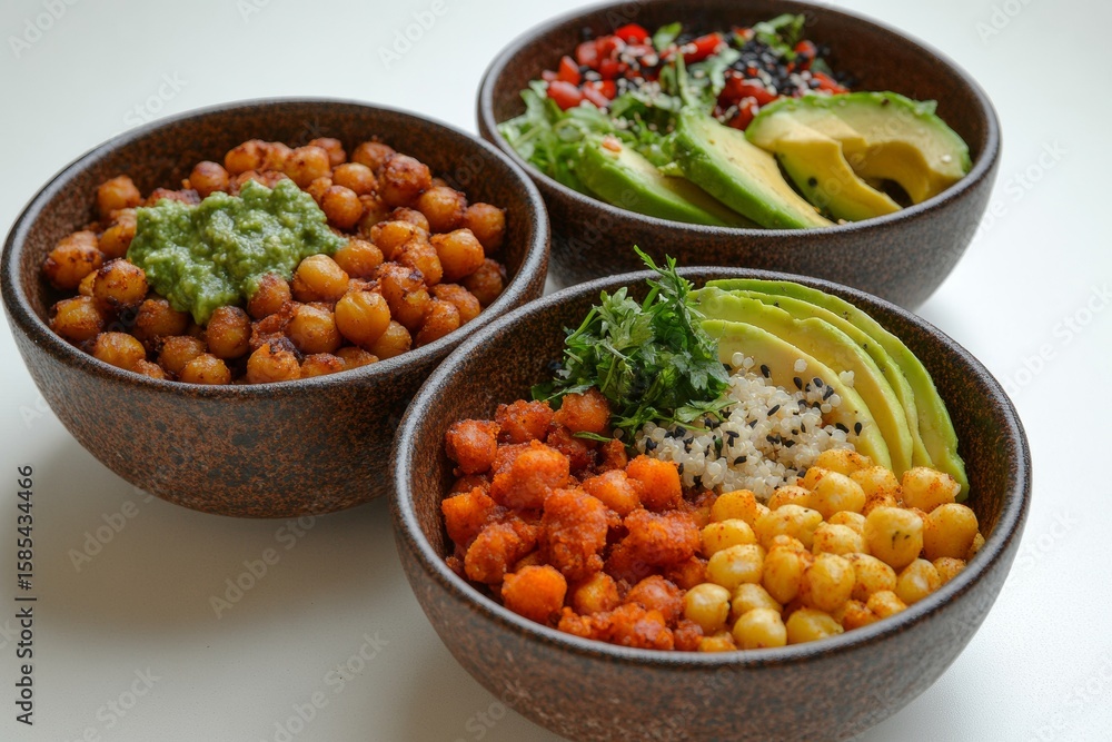 Healthy vegan bowls with chickpeas avocado and vegetables Healthy vegan bowls with chickpeas avocado and vegetables