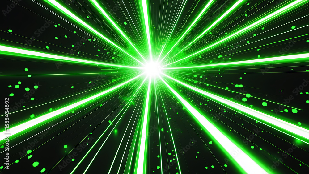 Naklejka premium Futuristic green light explosion. Abstract background with laser beams, particles, and a high-speed zoom effect for a technology or space concept.