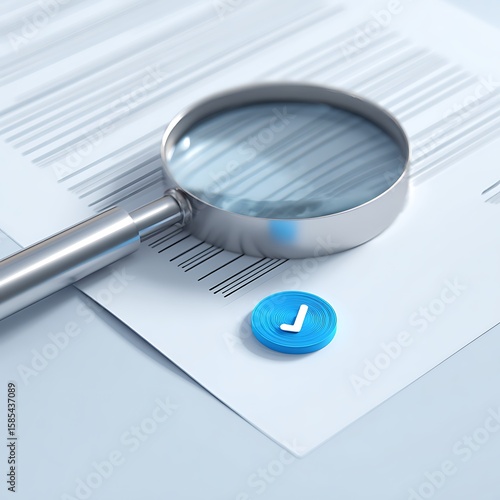 Magnifying Glass, Document, and Check Mark Icon on a Light Blue Surface