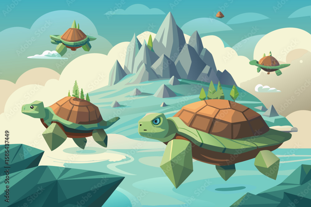 Fototapeta premium Stone Turtles Carrying Miniature Mountains Floating in Space