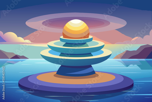 Stacked Stone Rings Orbiting a Glowing Core Above a Lake