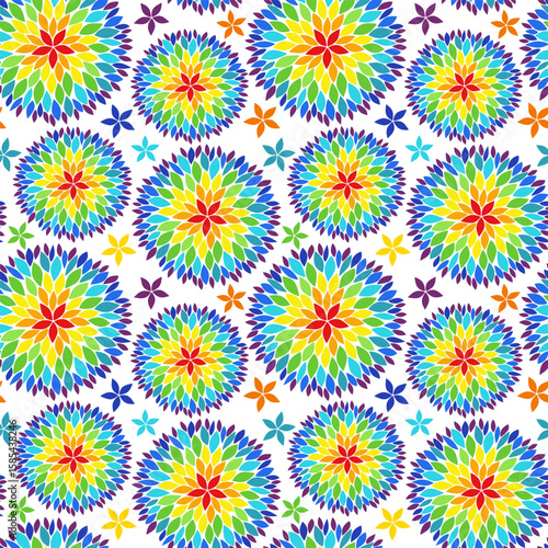 Vibrant radial seamless pattern with colorful flowers. Confetti effect on white background. Rainbow texture. Explosion of paint. Dynamic burst of colored petals. Vector illustration for celebration.