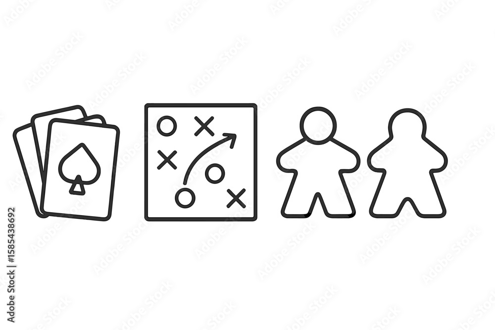 Minimalist strategy and teamwork icons: cards, game plan, team figures Minimalist strategy and teamwork icons: cards, game plan, team figures