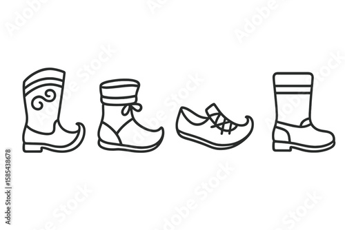 Outline of various traditional shoes and boots on gray background