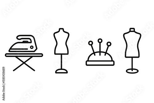 Sewing icons: iron, mannequins, and pin cushion on gray