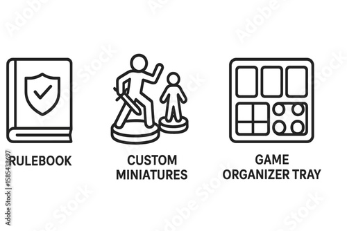 Board game elements icons - rulebook, custom miniatures, game organizer tray