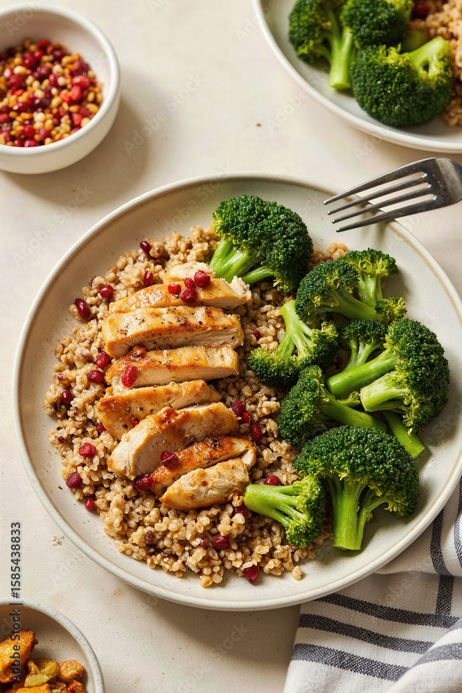Savor a Wholesome Chicken Bowl: Lean Sliced Chicken Breast Over Nutritious Quinoa, Accompanied by Fresh Steamed Broccoli and Pomegranate Seeds for a Protein-Rich and Flavorful Meal.
Savor a Wholesome Chicken Bowl: Lean Sliced Chicken Breast Over Nutritious Quinoa, Accompanied by Fresh Steamed Broccoli and Pomegranate Seeds for a Protein-Rich and Flavorful Meal.
