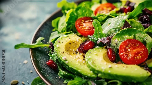Fresh mixed greens, sliced avocado, cherry tomatoes, pomegranate seeds in a balsamic glaze dressing on a wooden table.