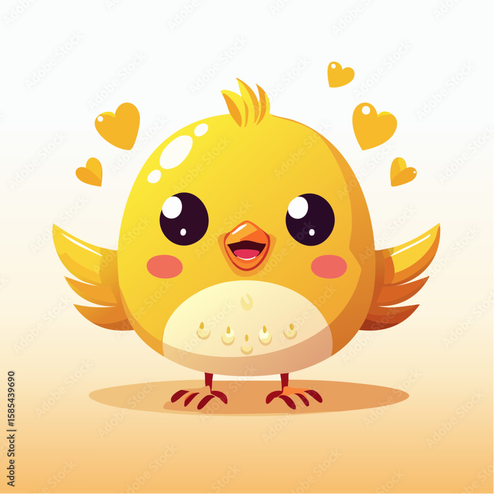 Obraz premium Adorable yellow chick with outstretched wings, surrounded by hearts, expressing joy and affection.